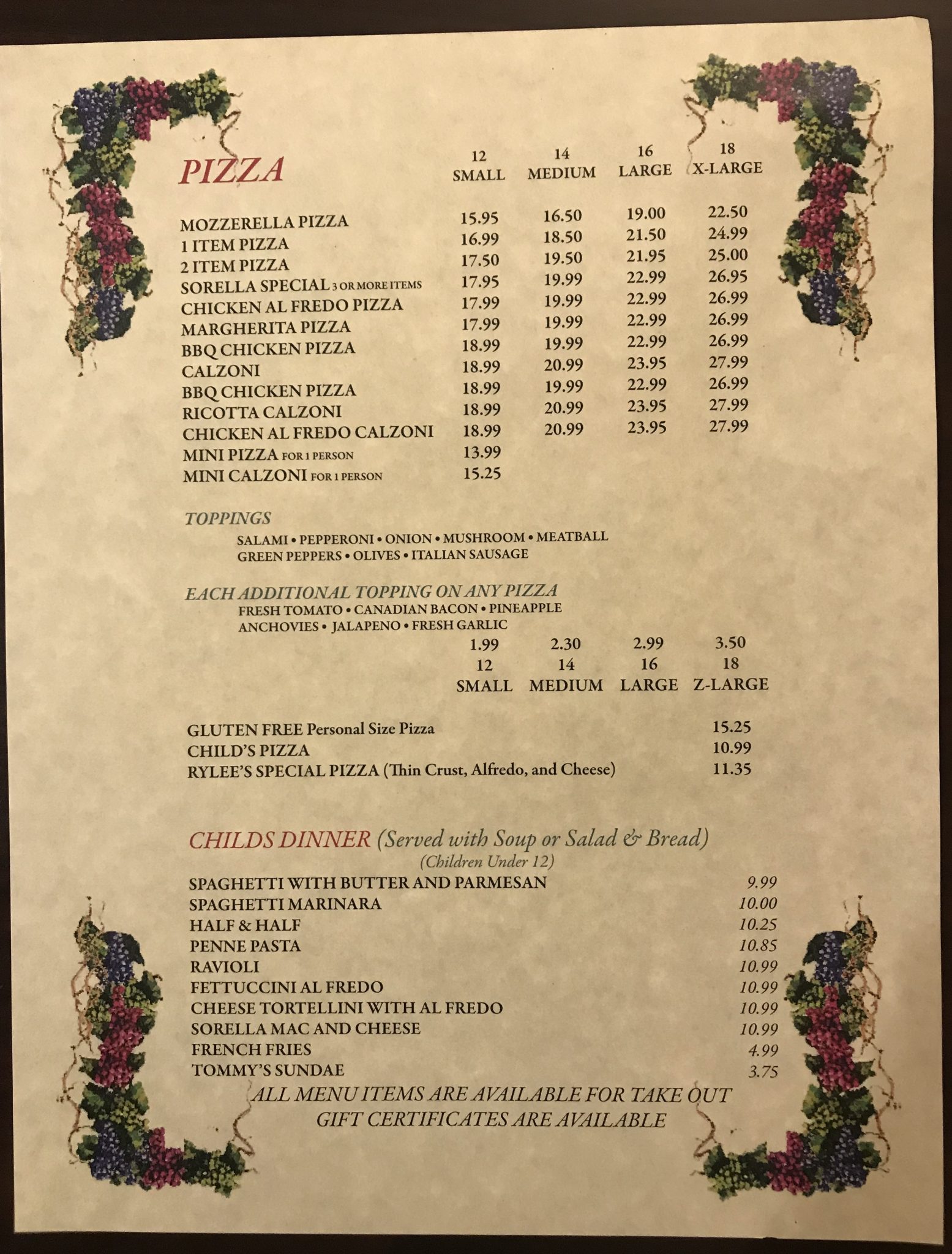 MENU Sorella Italian Restaurant